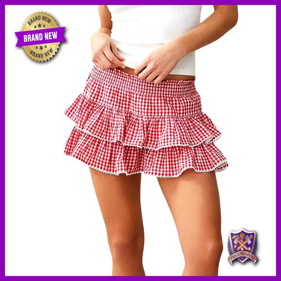 Dresses & Skirts - Gingham Mini Skirt Elastic Waist Ruffle Layered Plaid Y2K Retro Chic
